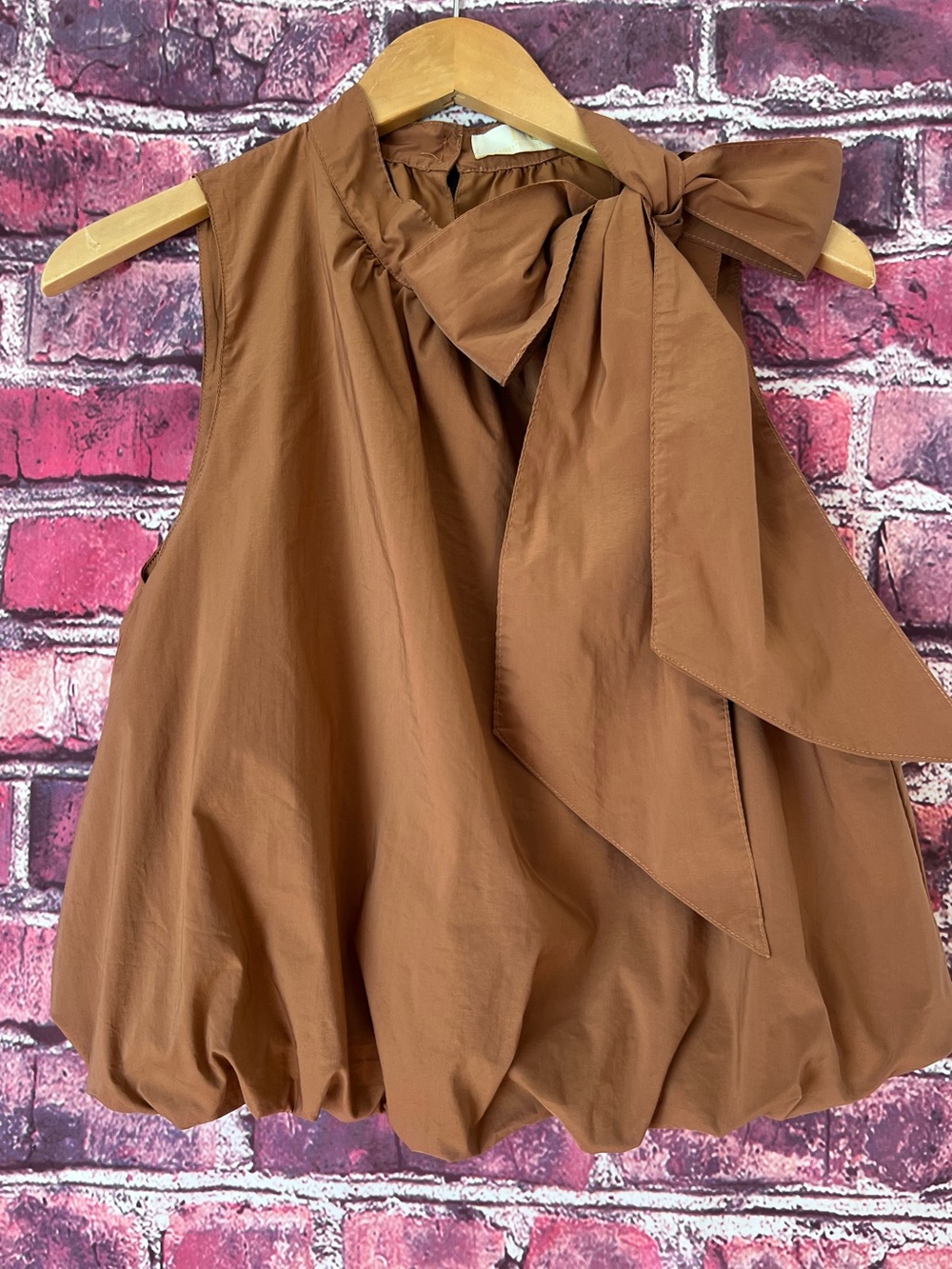 Lizette Collection Brown High Neck Bow Accent Bubble Hem Top